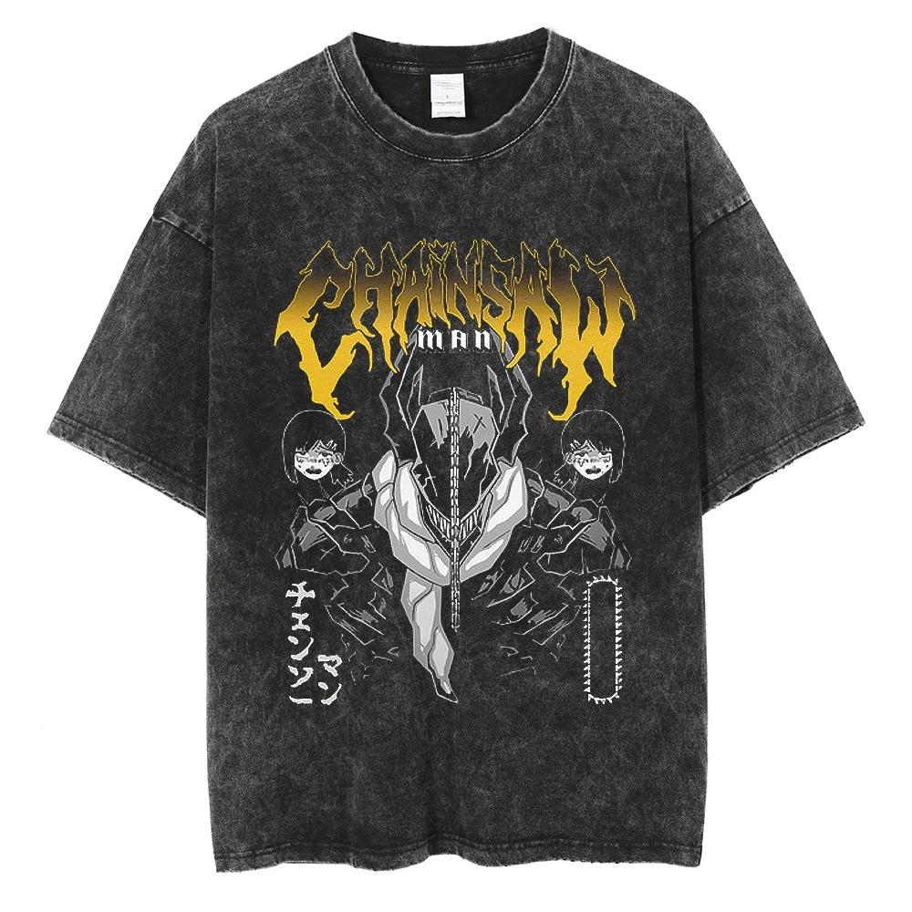 Chainsaw Man Power & Cat Blood Splatter Vintage Washed Anime T-Shirt, Unisex Manga Fan Streetwear Tee, 100% Cotton Casual Short Sleeve Top