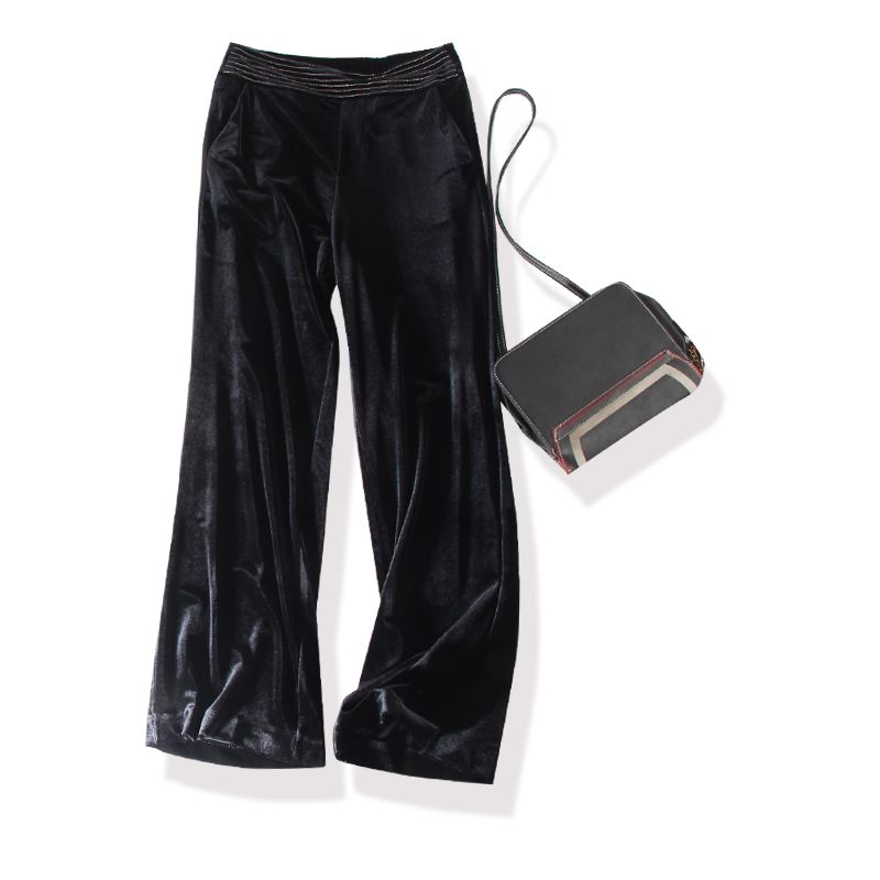 

French Yuan Order! Only for Matching Benefits! Beaded High Waist Temperament Women Real Velvet Wide Leg Pants/Small Swing Pants Black 2XL recommend about 67.50kg