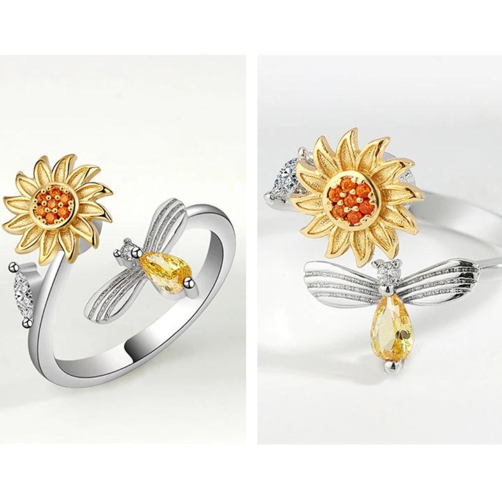 New Exquisite Crystal Sunflower Rotating Ring Relieve Anxiety Decompression Stainless Steel Rings for Women Finger Jewelry Gifts