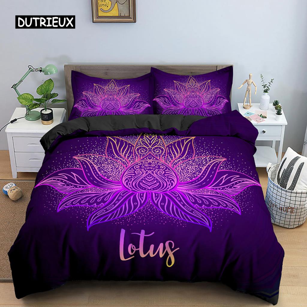 Lotus Duvet Cover Set Mandala Lotus Pattern Twin Bedding Set Exotic Boho Style for Teens Queen King Size Microfiber Quilt Cover