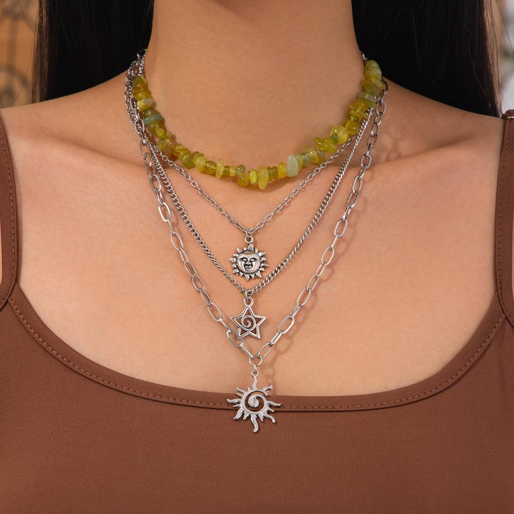 Bohemia Retro Irregular Colorful Crushed Stone Sun Stars Moon Dragonfly Butterfly Pendant Multi-layer Necklace for Women Jewelry