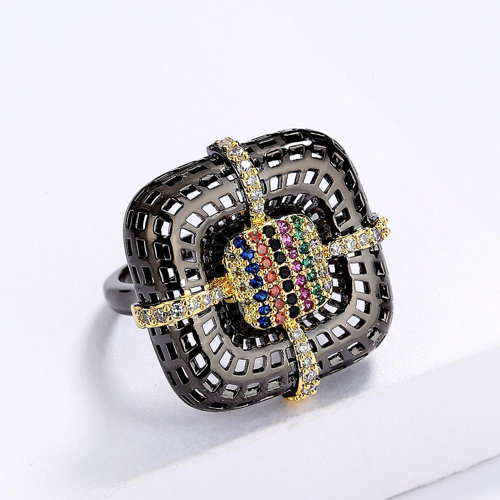 Hot Selling Black Gold Flower Ring Inlaid with Colorful Red Purple Zircon Fashionable Floral Cherry Blossom Ring Ring
