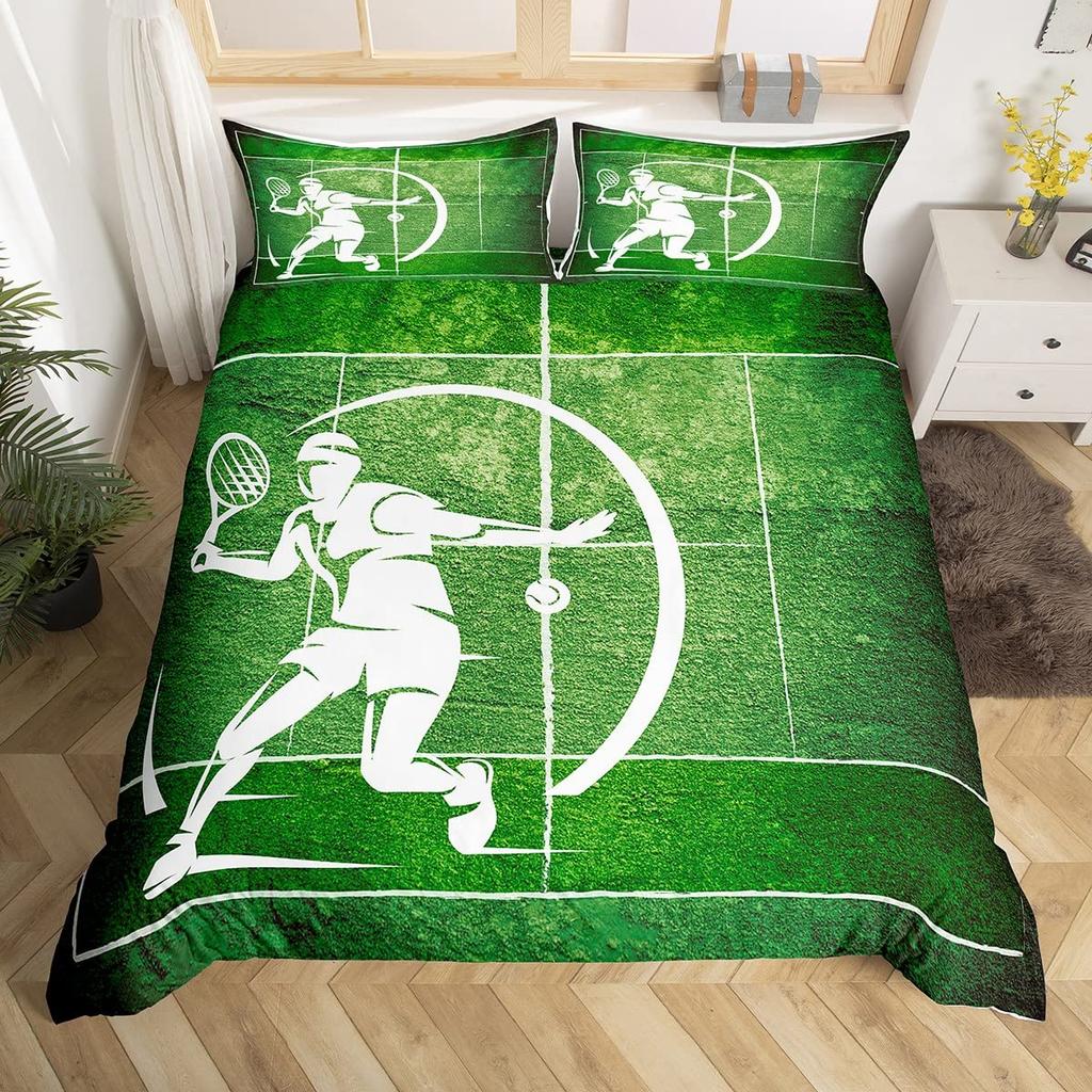 Bettwäsche-Set mit Tennisplatz-Print, Jungen Sportspiele Themen-Bettdeckenbezug, Gelber Tennisschläger Sportgeräte Bettwäsche-Set