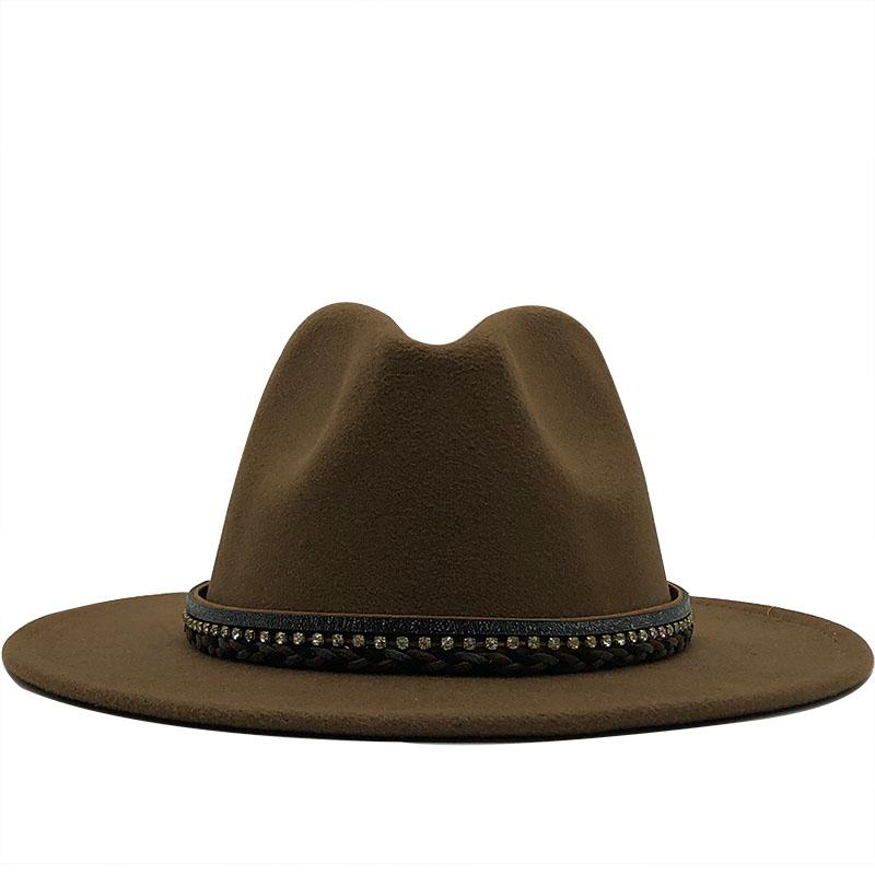 New Women Men Wool Fedora Hat With Leather Ribbon Gentleman Elegant Lady Winter Autumn Wide Brim Jazz Church Panama Sombrero Cap