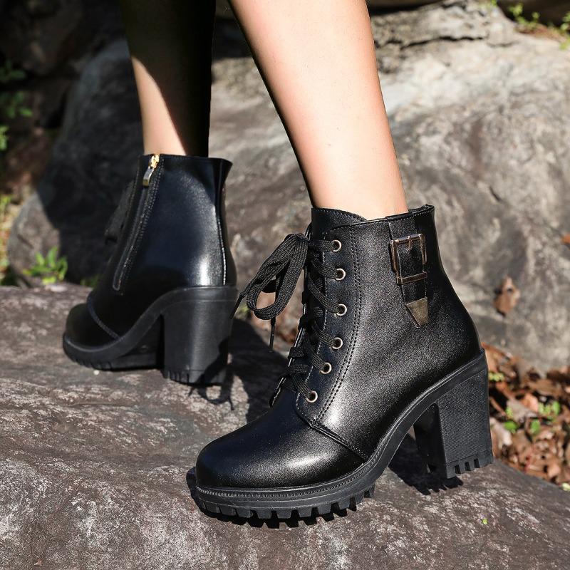 Autumn and Winter New Round Head Lace-up Martin Boots Women's Belt Buckle Side Zipper High-heeled Short Boots