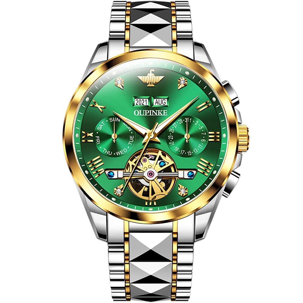 Automatic Watch Green Dial Popular Skeleton Sapphire Tungsten Waterproof Date Luminous Green Men's