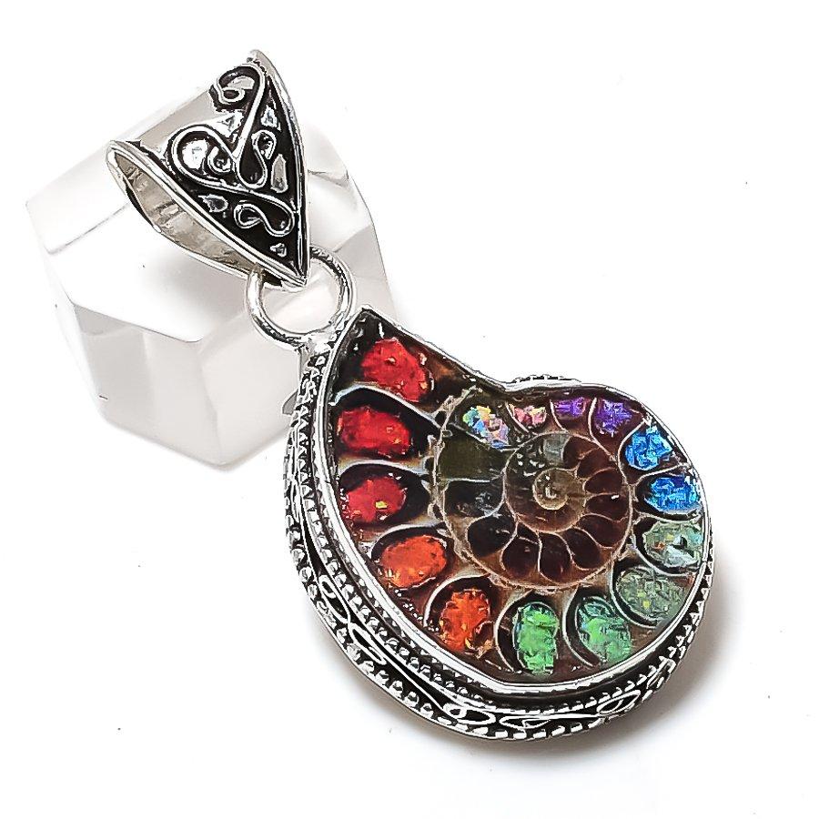 Natural Ammonite Fossil Gemstone 925 Sterling Silver Jewelry Pendant 1.85" T8v19