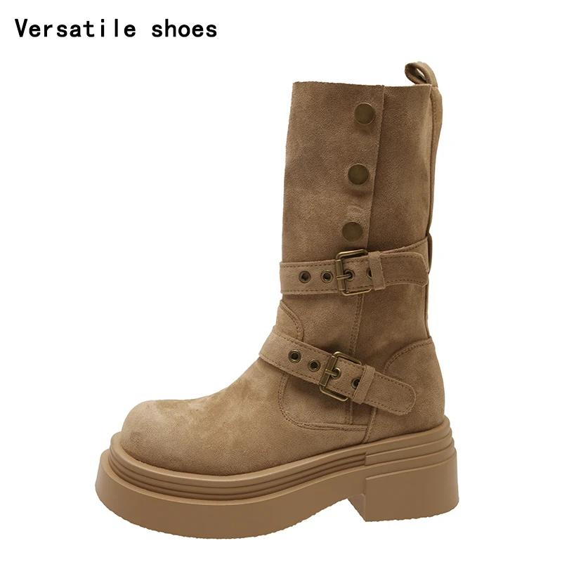 Vintage Winter Damen Motorradstiefel Mode Gürtelschnalle Mid-Calf Stiefeletten Plateau Dicke Ferse Lässige Damenschuhe