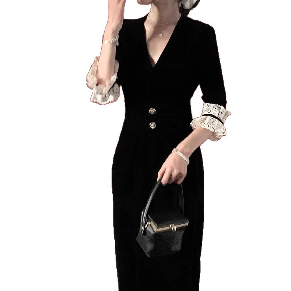 Hepburn-Style Black Velvet Lace Trim Dress for Women