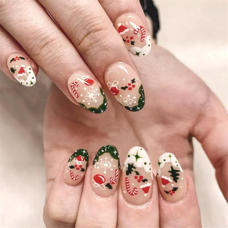 24Pcs Press on Nail Christmas Themed False Nail Snowflake Nail Art Decoration Stick on Nail for Holiday Celebrations 1