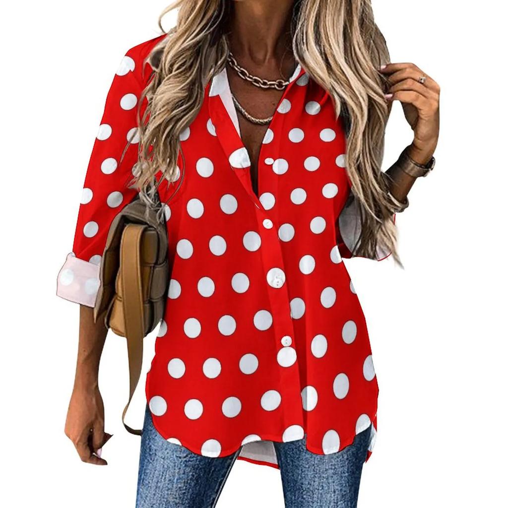 Damen gepunktetes Hemd Mode Neu Frühling und Herbst Lässig Elegant Langarm Revers Oberteil Street Style Personalisiertes Hemd