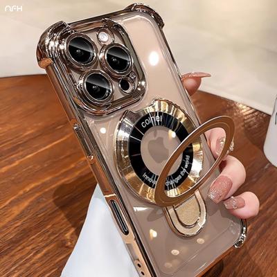 Voor iPhone 16E 15 Pro Max Luxe Houder Stand Plating Frame Transparante Telefoonhoes Voor iPhone 11 12 13 14 Plus Beschermhoes