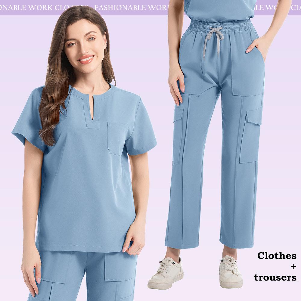 Uniforme Médical Blouse Pantalon Femmes Ensemble de Blouse Médicale à Poches + Pantalon Costume 2 Pièces Vêtements d'Infirmière pour Bloc Opératoire Salon de Beauté Vêtements de Travail