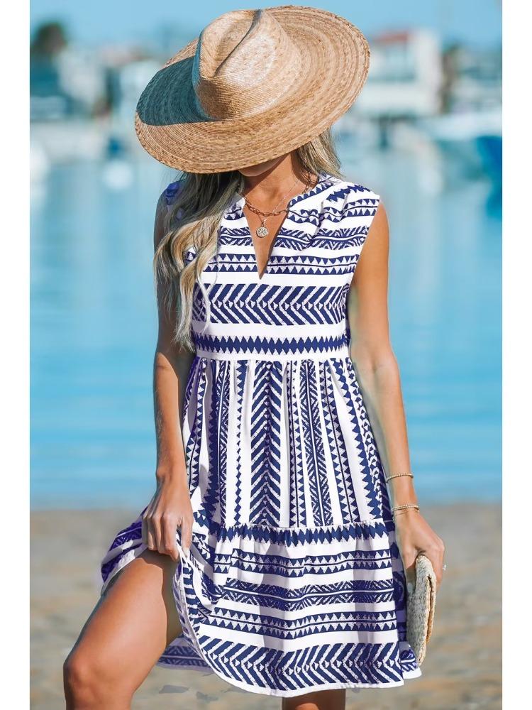Summer Urban-style Sleeveless V-neck A-line Skirt Comfortable and Casual Striped Check Mid-length Dress S синий