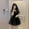 Women's High-End French Style Black Puff Sleeve Dress - Summer Waist-Hugging Short Princess Dress