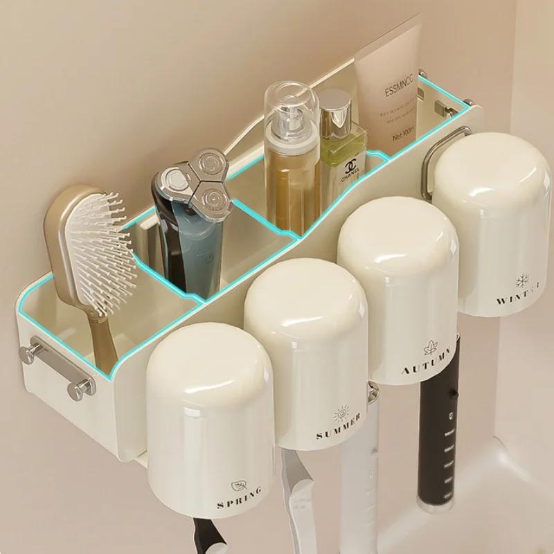Wall Mounted Toothbrush Holder with Cup Automatic Toothpaste Squeezer Dispenser Suction Cup Bathroom Storage Rack Box for Family