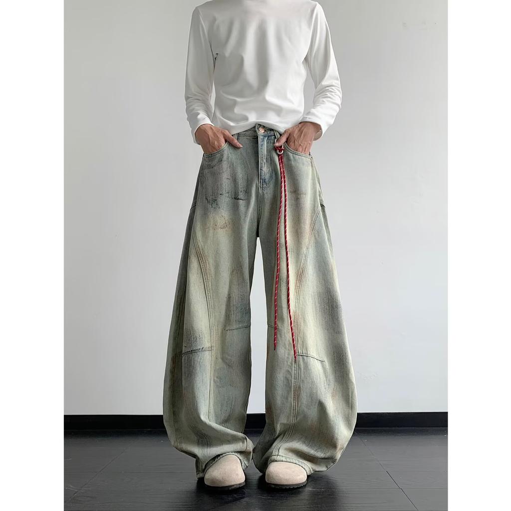 Men's Mid Rise Washed Cat Whisker Barrel Jeans Loose Wide Leg Denim Pants American Vintage High Street Y2K Casual Four Seasons Long Trousers