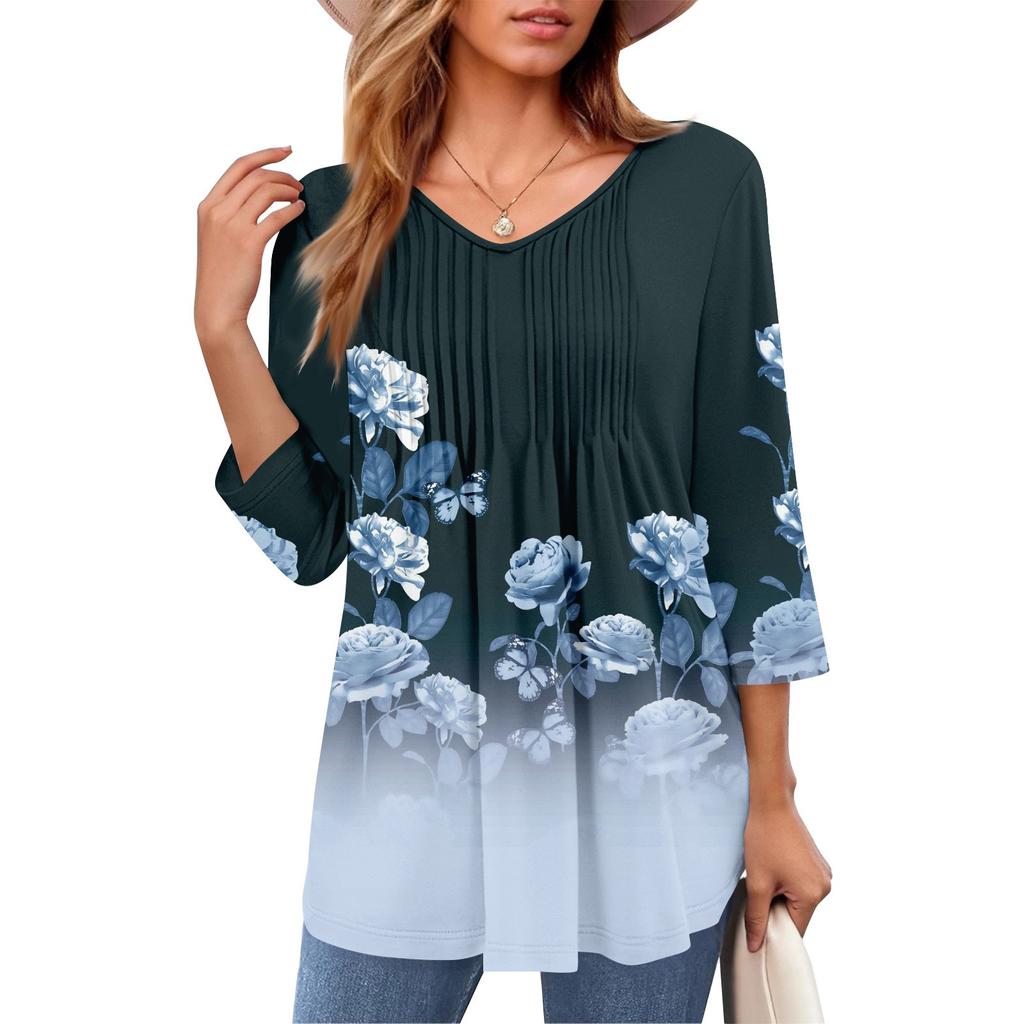 Damen Tops V-Ausschnitt Dreiviertelärmel Gestreift Plissee Casual Sommermode Shirt Tops