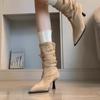 2025 autumn and winter new fashion versatile pointed heel suede French high heel thin short boots women's buckle belt