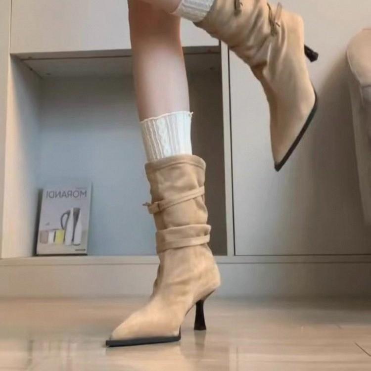 2025 autumn and winter new fashion versatile pointed heel suede French high heel thin short boots women's buckle belt