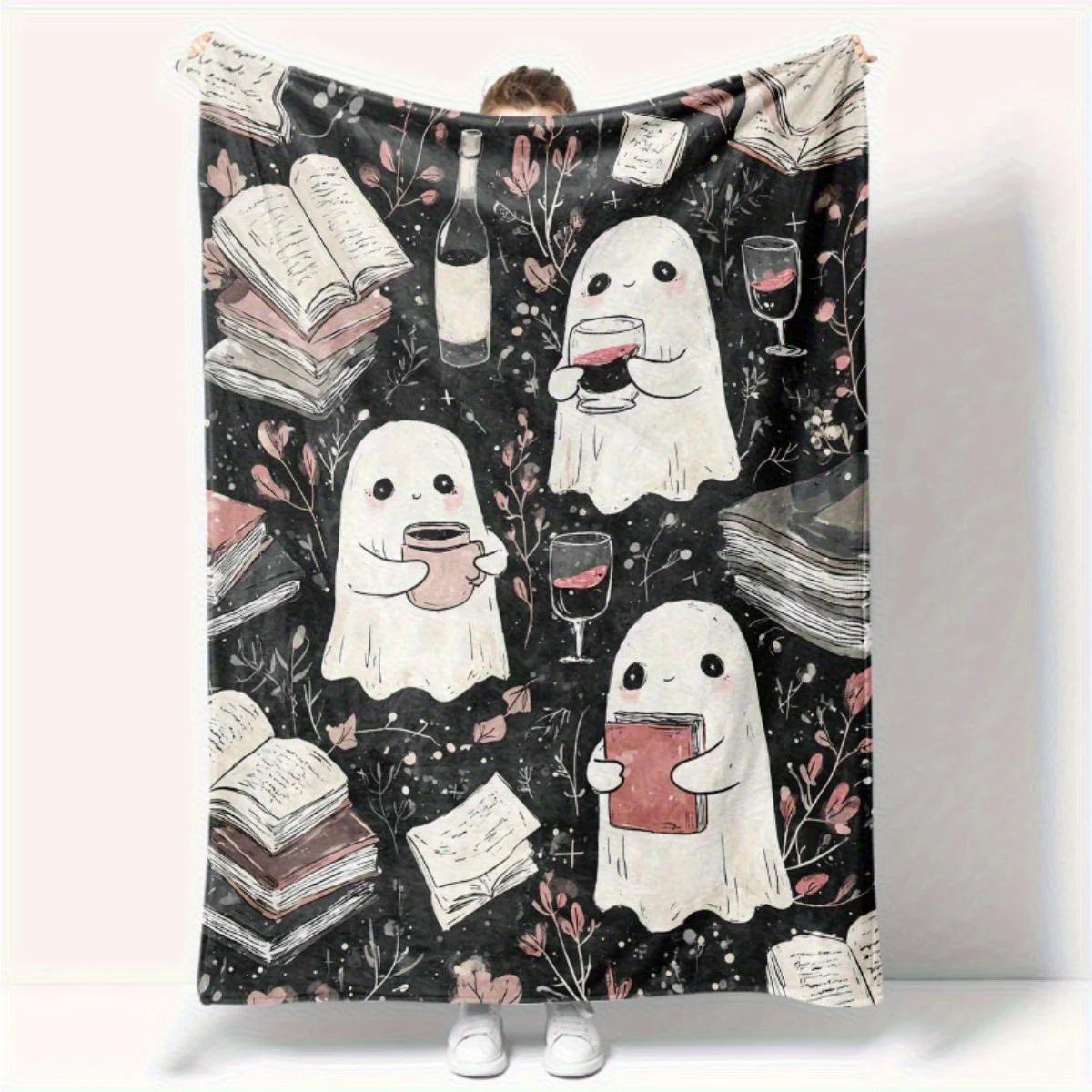 Halloween Ghosts Reading Throw Blanket Adorable Spooky Ghosts with Coffee Wine Cozy Flannel for Couch or Bed 75X95CM