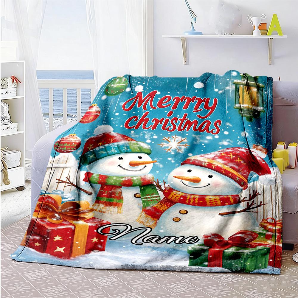 Beautiful Christmas Two Snowman Personalized Text Blanket Multi-purpose Customizable Blanket Ultra-Soft Versatile for Bed Livingroom Office Couch