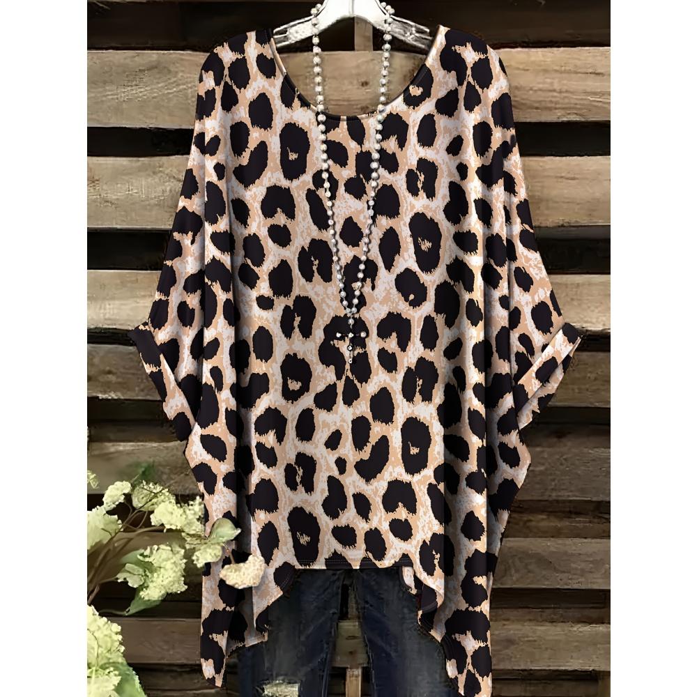 2026 Nueva Camiseta de Mujer Moda Leopardo Estampado 3D Tops Verano Sexy Cuello Redondo Manga Corta Camiseta Calle Casual Holgada Ropa de Mujer