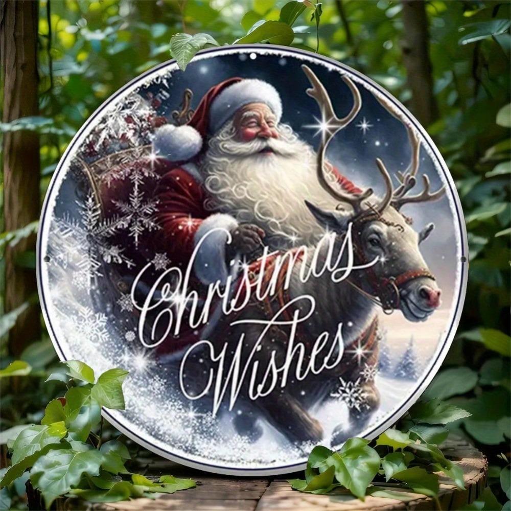 Santa Claus Sleigh Metal Wreath Sign Christmas Home Decor Round Wall Art