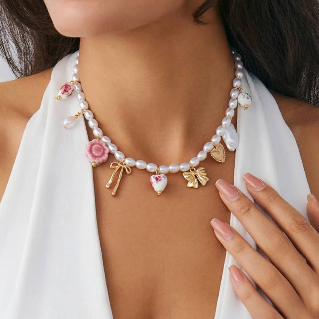 KunJoe Elegant Imitation Pearl Short Choker Necklace for Women Cute Ceramic Beads Flower Love Heart Pendant Necklace Y2K Jewelry