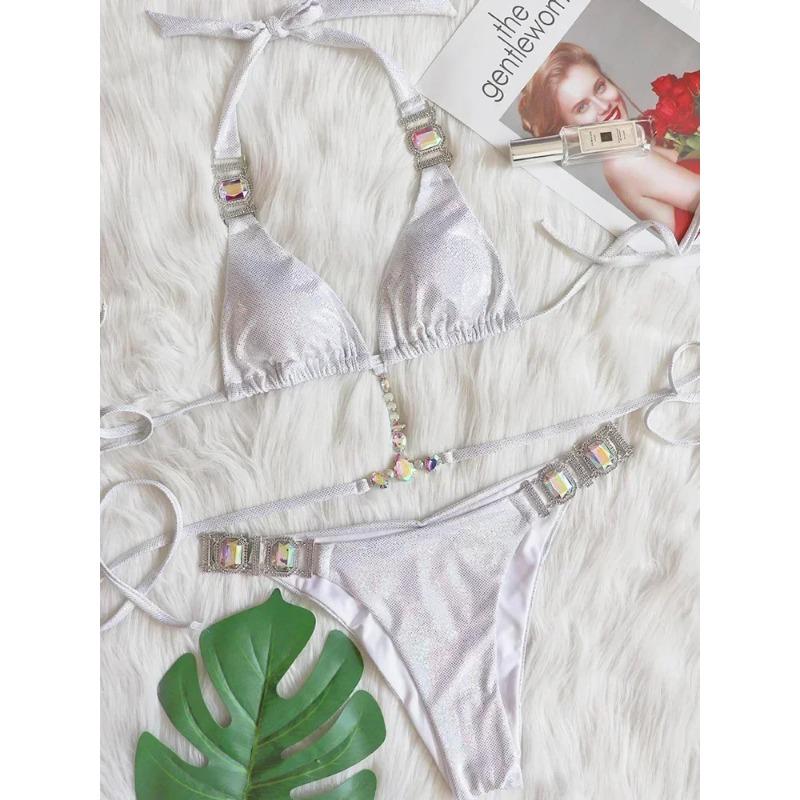 

2025 Блискуче стразове діамантове бікіні Жіночий купальник Жіночий купальний костюм Комплект бікіні з двох частин Халтер Металеві ланцюжки Купальний костюм S