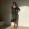 European and American Autumn Women's Elegant Solid Color Drop Neck Long Sleeve High Slit Temperament Slim Fit Medium and Long Dress
