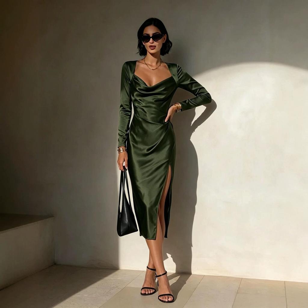 European and American Autumn Women's Elegant Solid Color Drop Neck Long Sleeve High Slit Temperament Slim Fit Medium and Long Dress