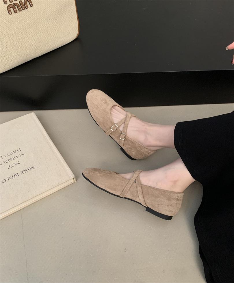 Ретро Мори литературно-художественный стиль замшевые туфли Мэри Джейн пряжка на одно слово с мелким вырезом круглый носок на плоской подошве балетки одинарные туфли женские 35