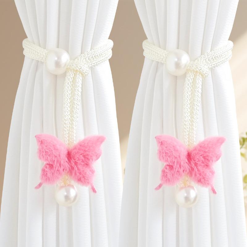 2PCS Simulated Butterfly Adjustable Curtain Belt, Pearl Decoration Non-punching Curtain Buckle, Bedroom Living Room Curtain Decorative Buckle