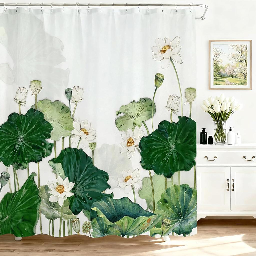 Floral Shower Curtain with Green Leaves and White Water Lily, Spring Summer Watercolor Boho Style Bathroom Decor