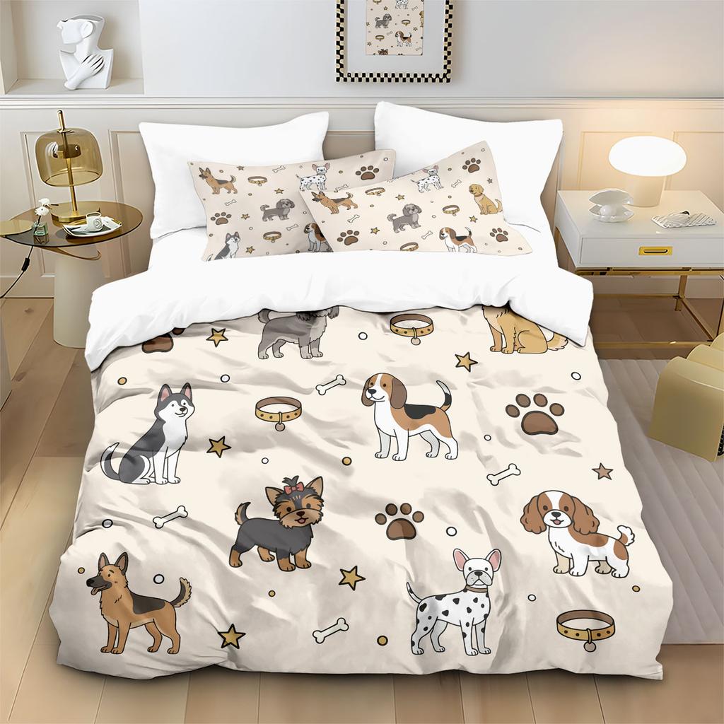 3pcs Cartoon Dog Print Soft Coreless Duvet Cover Set, Multi Size Bedroom Bedding Decoration, Machine Washable