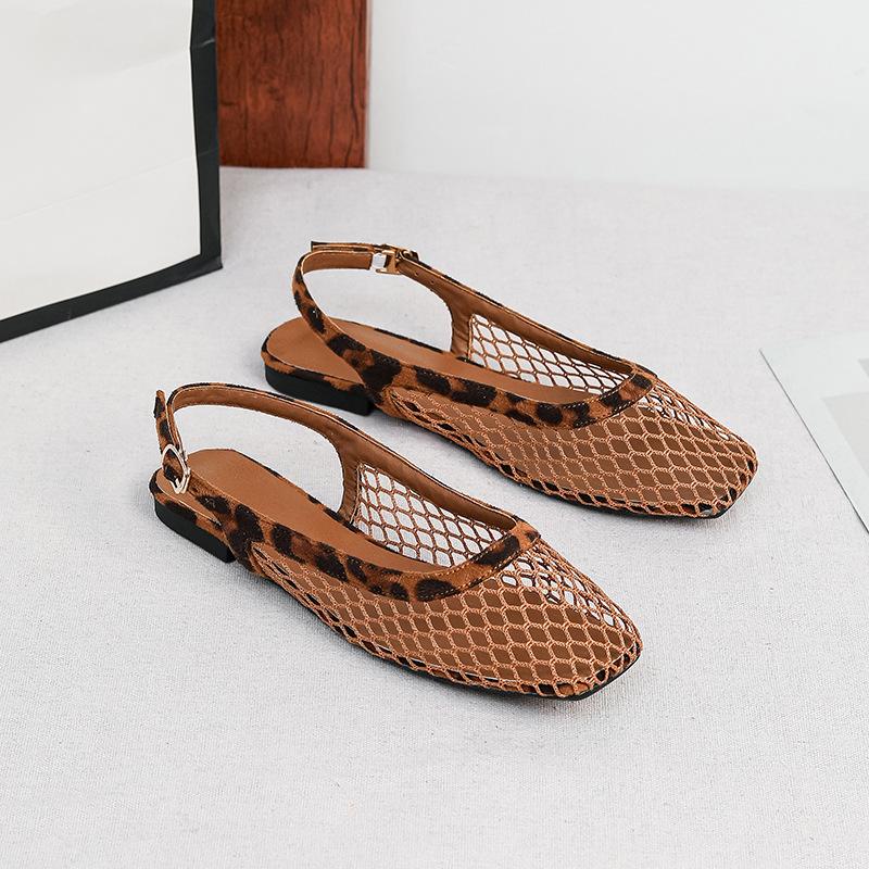 Mesh Slingback Flats for Women Summer Square Closed Toe Flats Slingback Sandals Women's Dress Shoes Adjustable Buckle Sandals Slip On Fishnet Mules