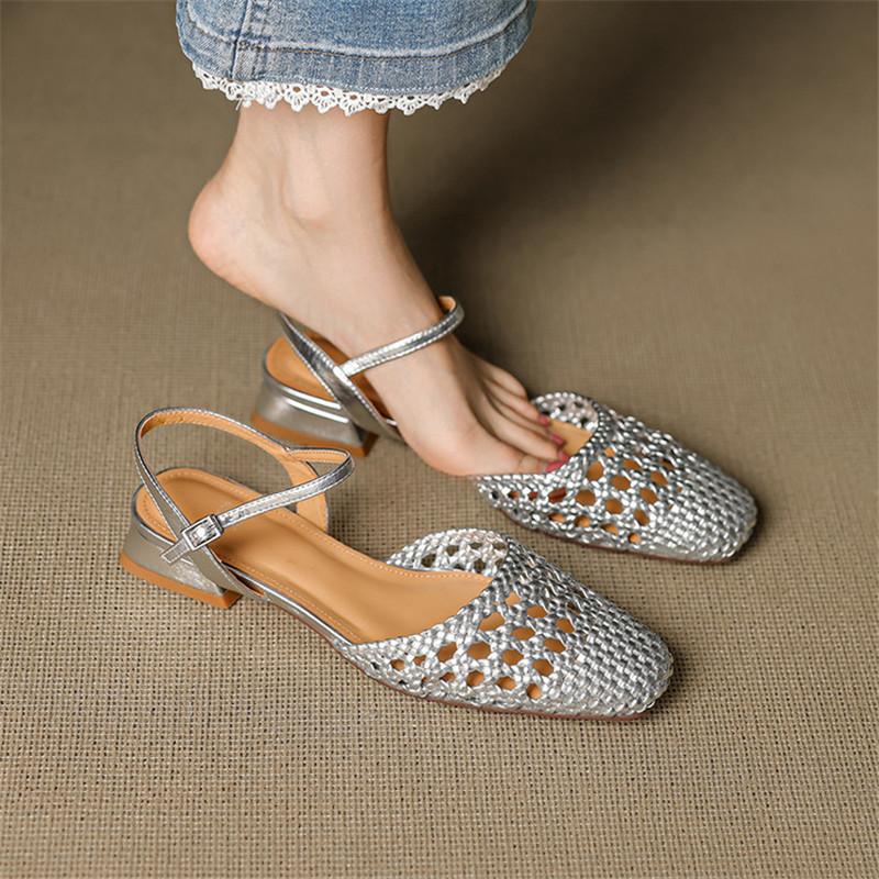 Fashion New Summer Sandals Women Shoes Square Toe Sandals for Women Fashion Hollow Out Handmade Sandals Shoes Low Heel Casual Shoes