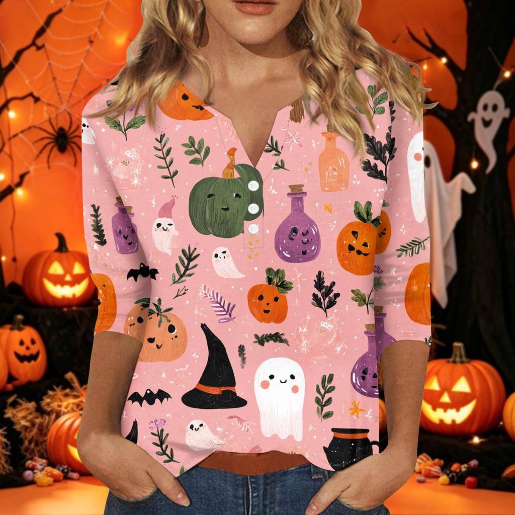 Women's Halloween Print V-Neck Short Sleeve T-Shirt with Decorative Buttons for Casual Fall Outfits