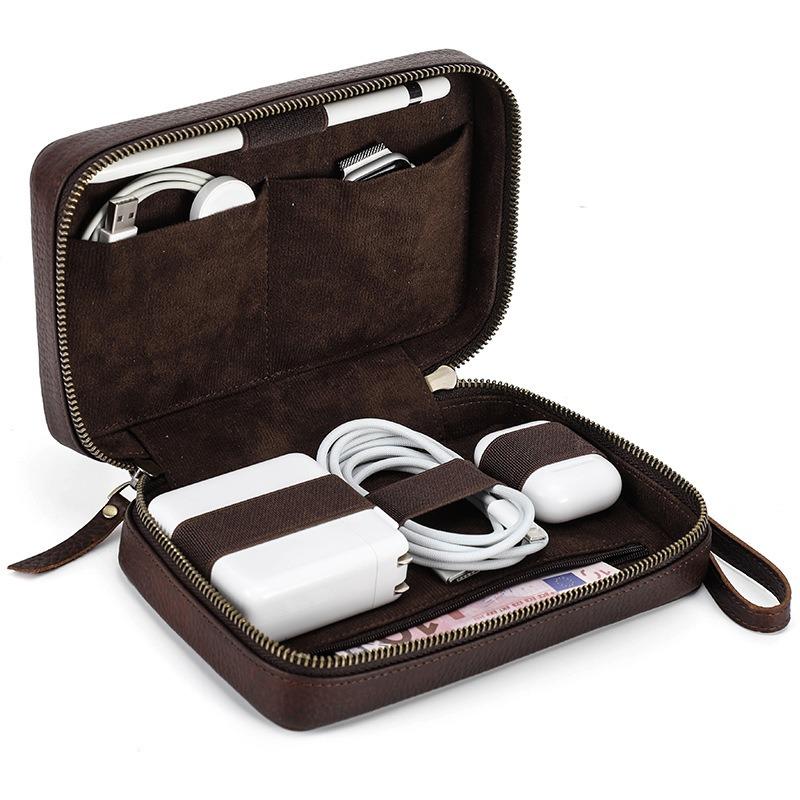 Genuine Leather Phone Cable Storage Bag Zipper Portable