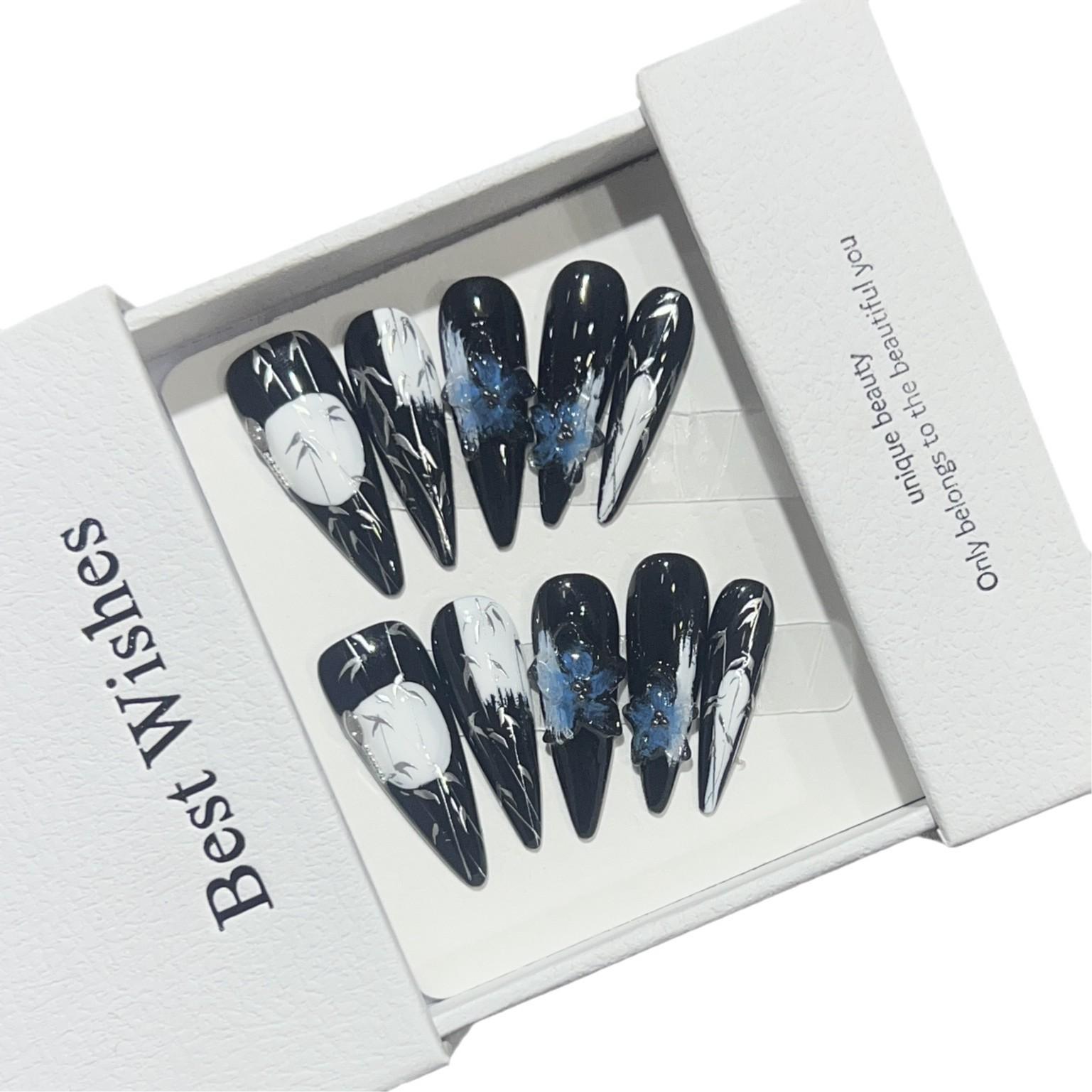 

Ношение доспехов высококлассная ручная роспись бамбуковый лес синий афродизиак ледяной цветок маникюр готовый продукт съемные накладные ногти Large L