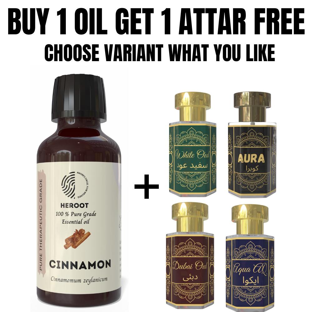 Cinnamon Essential Oil 10ml for Aromatherapy & Home Fragrance Get 1 Free 6 Ml Attar – Aqua AQ, Dubai Oud, Aura, White Oud