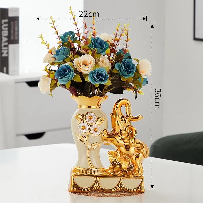 Keramik-Elefantenvase im europäischen Stil – Dekorative Figur mit künstlichen Blumen für Zuhause oder Tischplatte