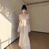 Celebrity Gentle Wind Lace Square Neck Long Sleeve Dress Spring Premium Temperament Pinch Waist Hip Wrap Dress Dress