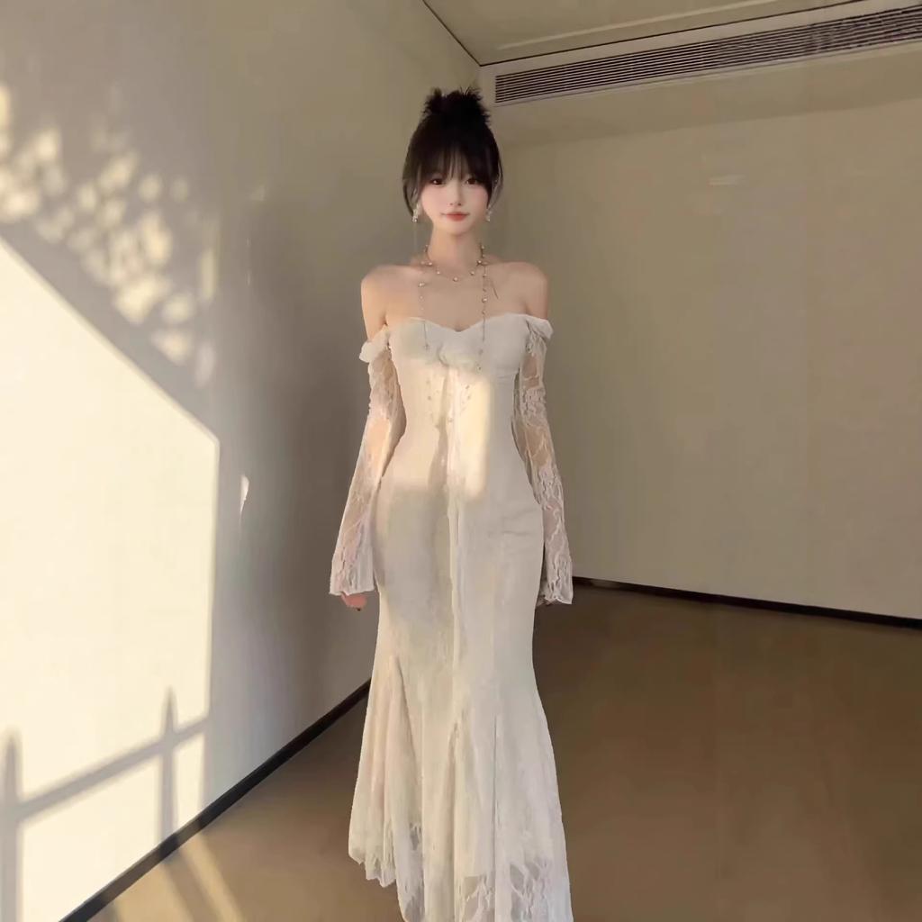 Celebrity Gentle Wind Lace Square Neck Long Sleeve Dress Spring Premium Temperament Pinch Waist Hip Wrap Dress Dress