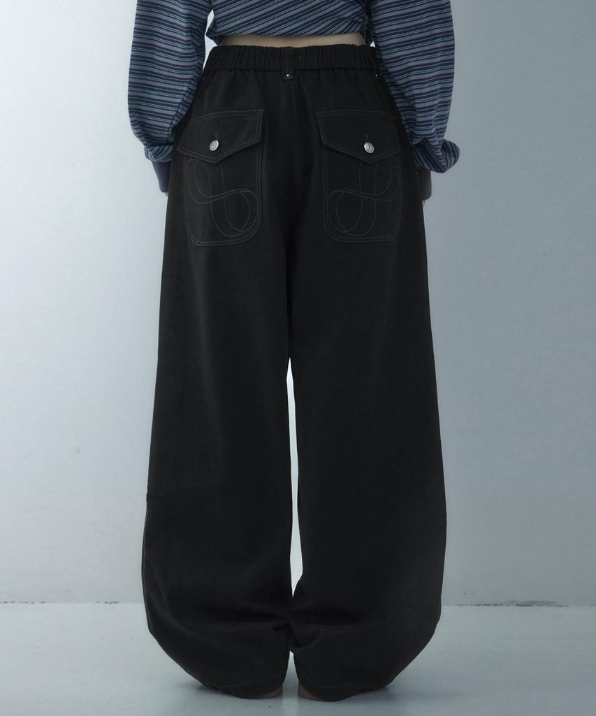 LOOXP Four-Button Logo Rivet Wide Balloon Long Pants Black
