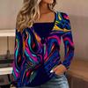Tops for Women Abstract Pattern Print Long Sleeve Fake Two‑Piece Top Fall Casual Slim Pullover Women's Long Sleeve Top