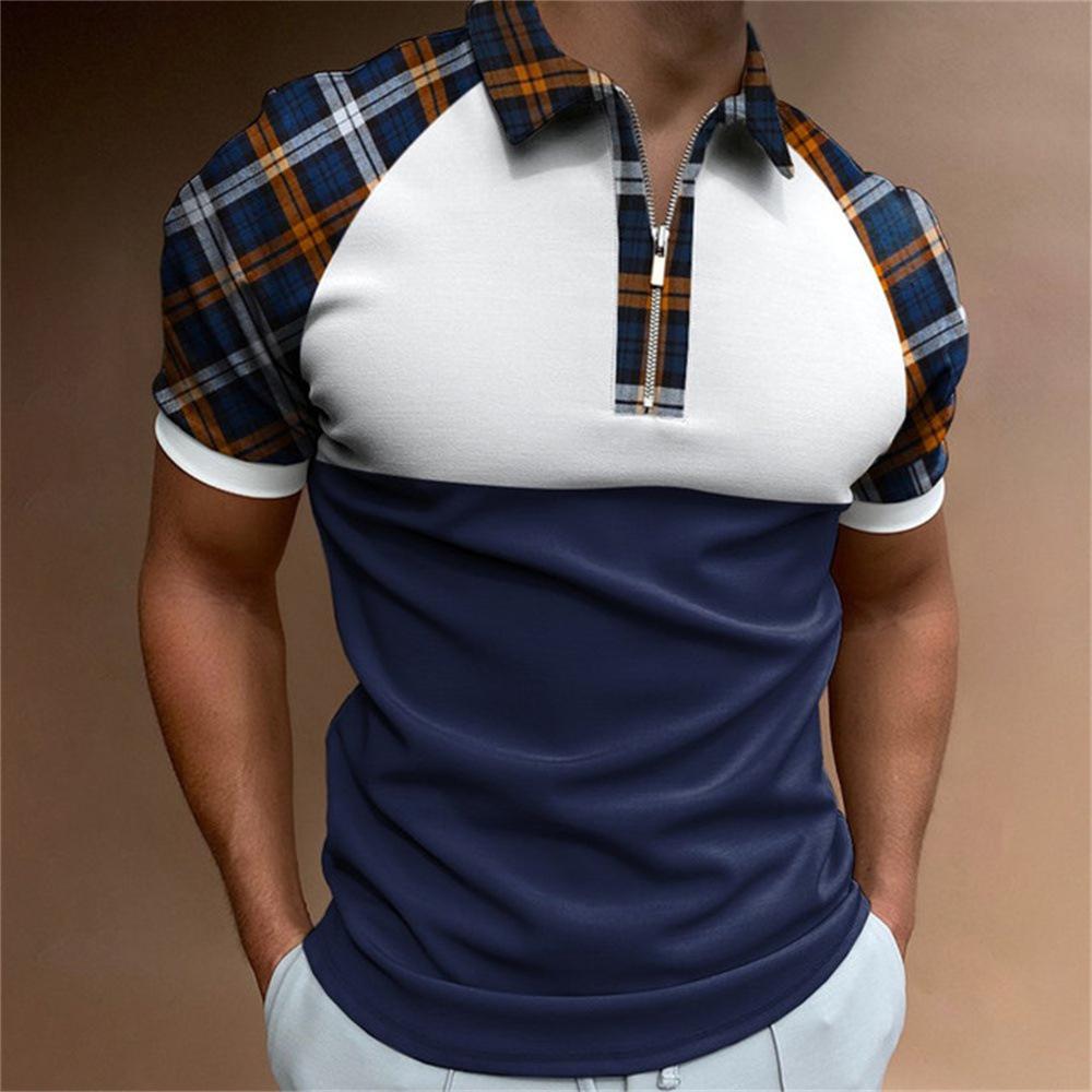 Geometric Pattern Short-Sleeve Zip Polo Shirt, Stylish Casual Men's Top