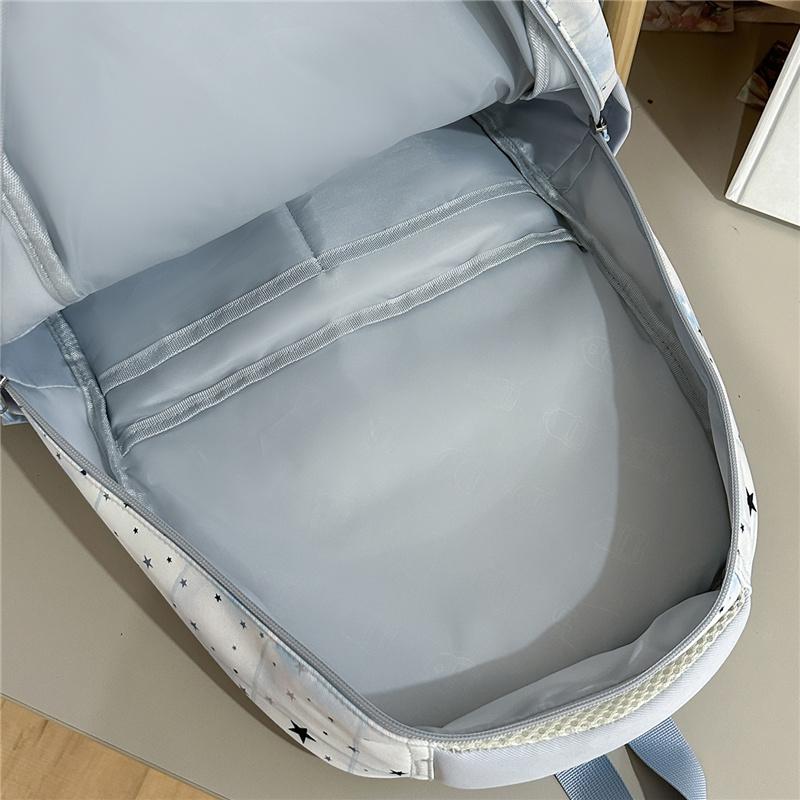 Cute Star Print School Backpack Lightweight Nylon Zipper Daypack with Clear Pocket for Teen Girls Daily Travel