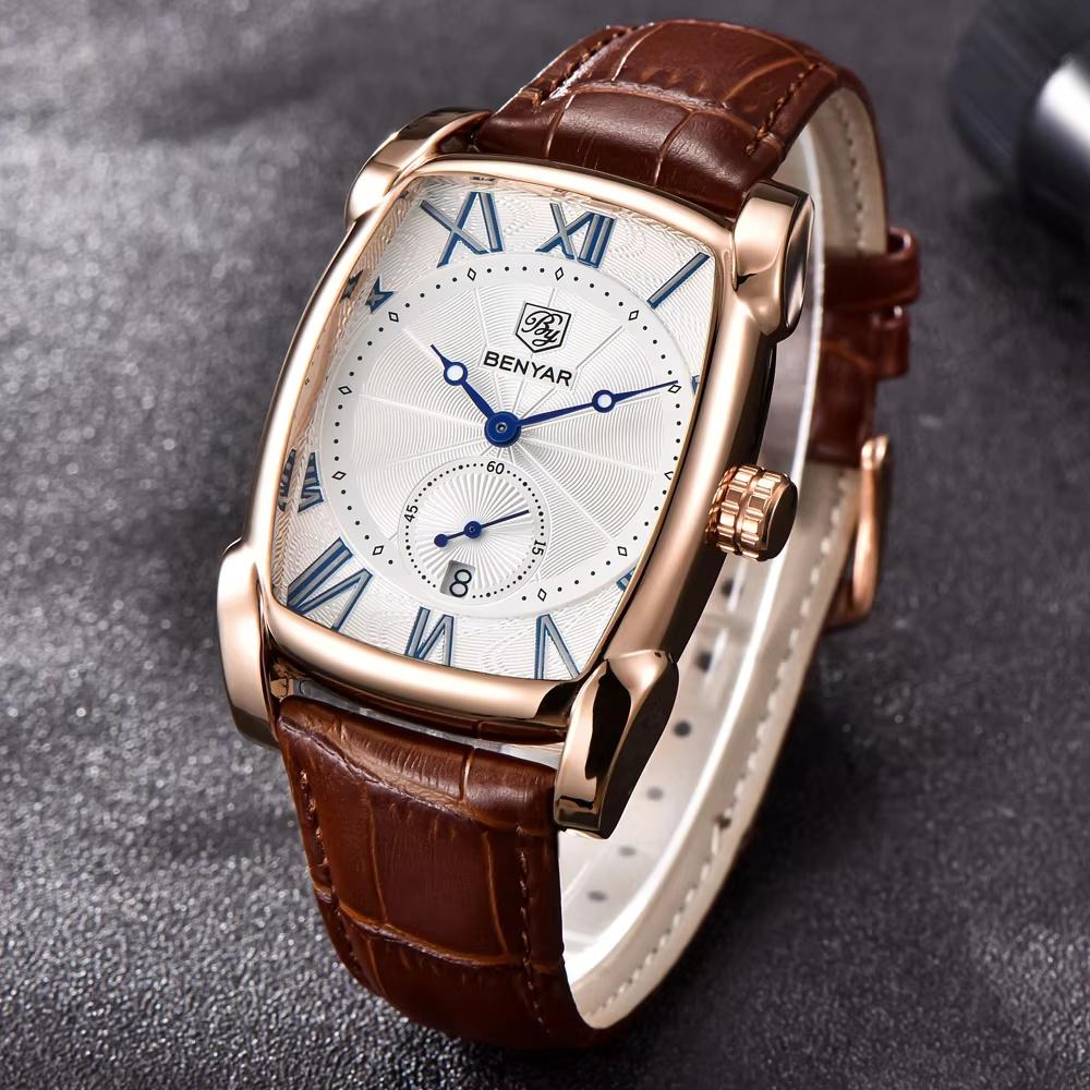 BENYAR BY-5114 Men's Chronograph Quartz Watch Fashion Casual 30M Waterproof Leather Strap Sport Rectangle Wristwatch For Man